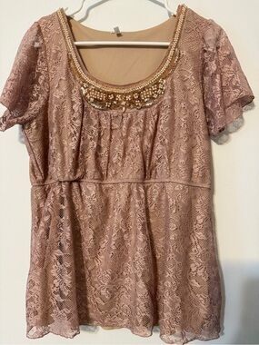Studio Y Dusty Rose Lace Beaded Scoop Neck Blouse